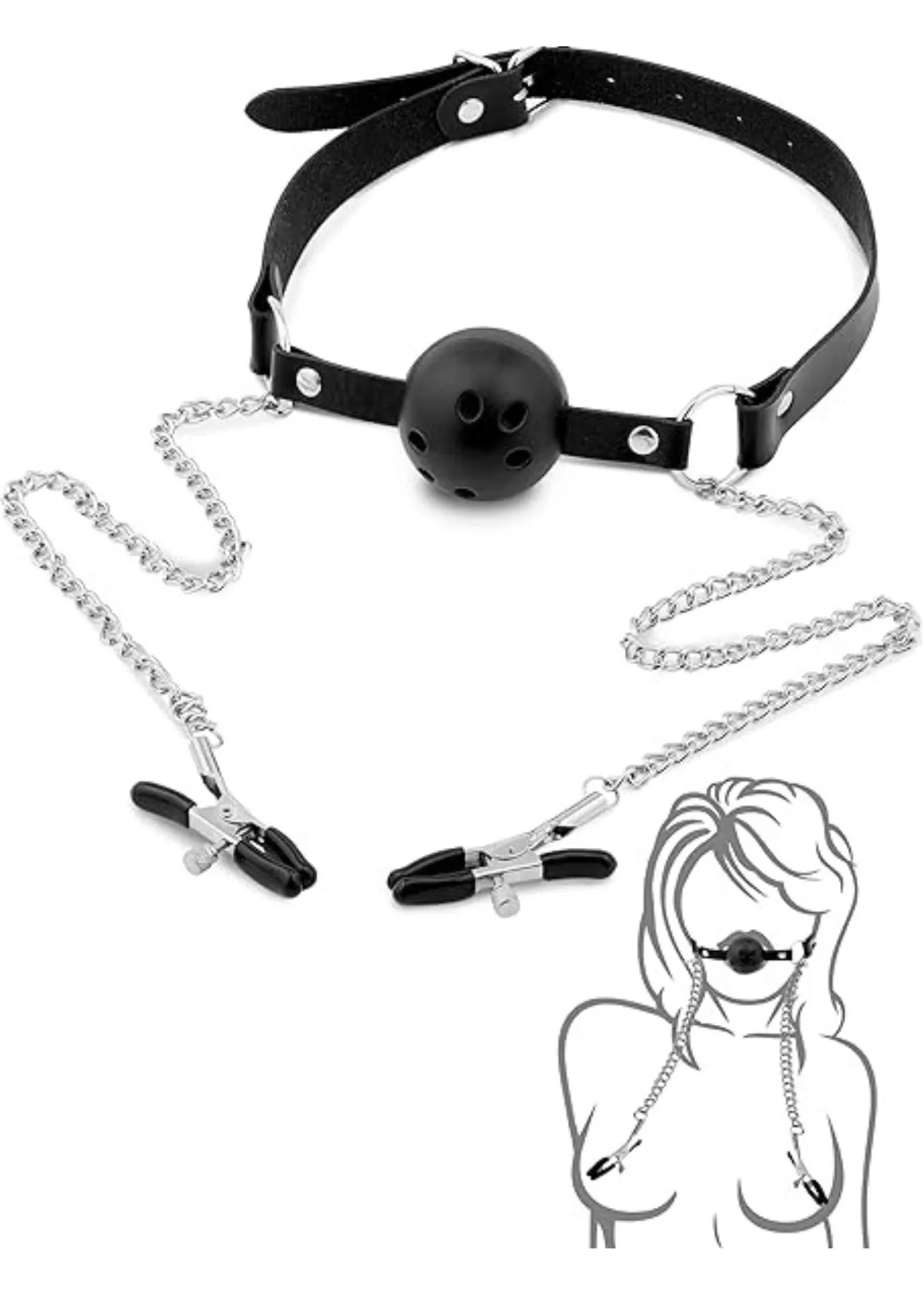 Mouth Gag Ball with Nipple Clamps