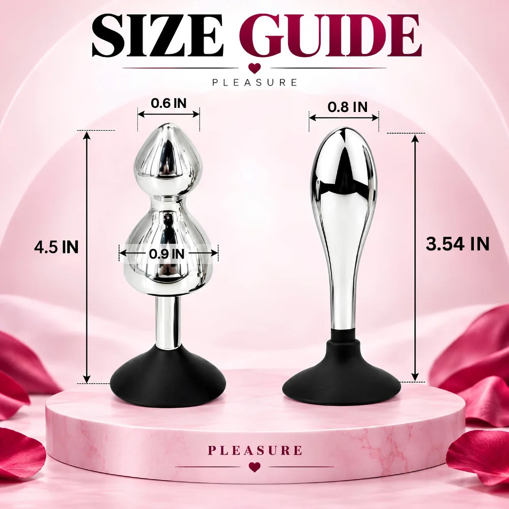 Suction cup anal butt plug size guide diagram with chrome plug and black base