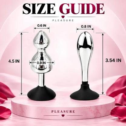 Suction cup anal butt plug size guide diagram with chrome plug and black base