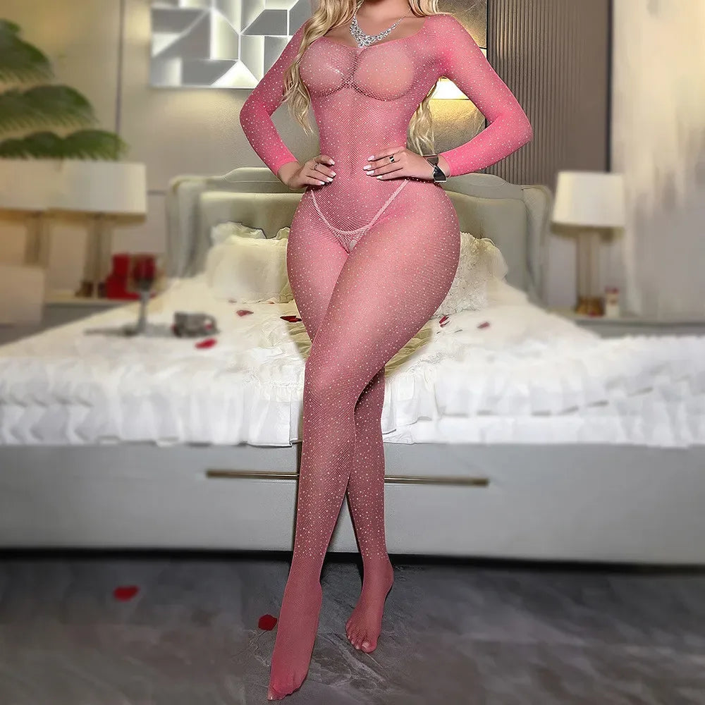 Open Crotch Sexy Lingerie Rhinestone Fishnet Bodystocking