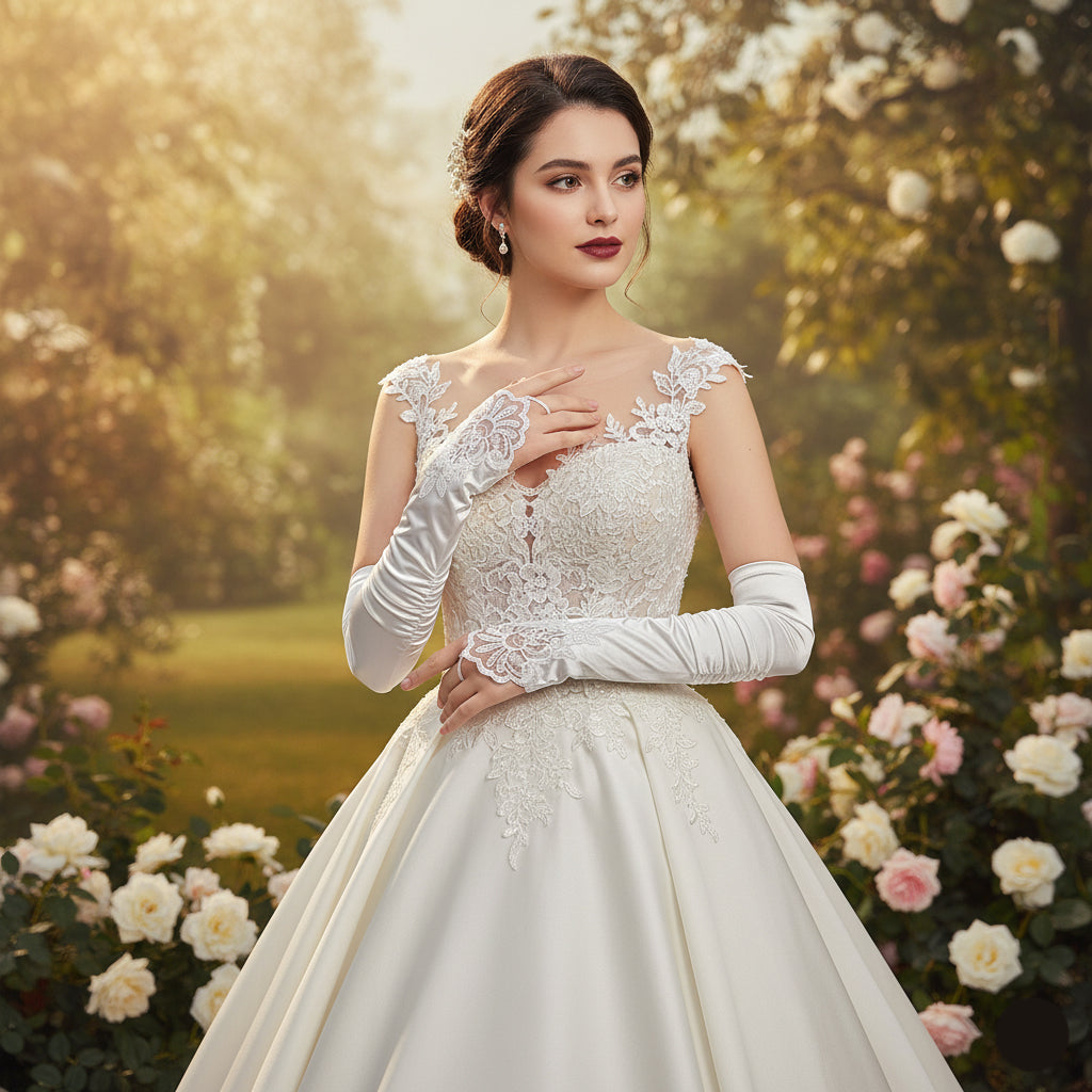 Elegant White Satin Bridal Gloves with Lace Detailing