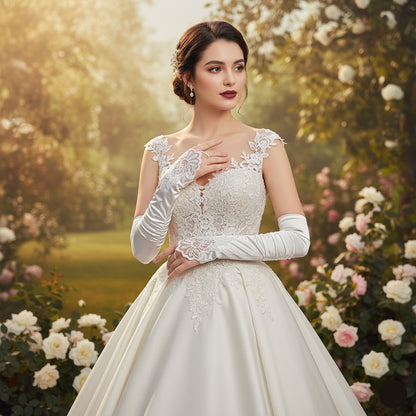 Elegant White Satin Bridal Gloves with Lace Detailing