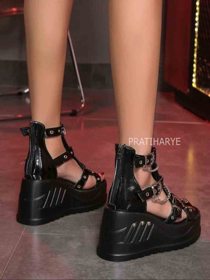 Gothic Punk Goth Wedge Gladiator Metal Chain Sandals