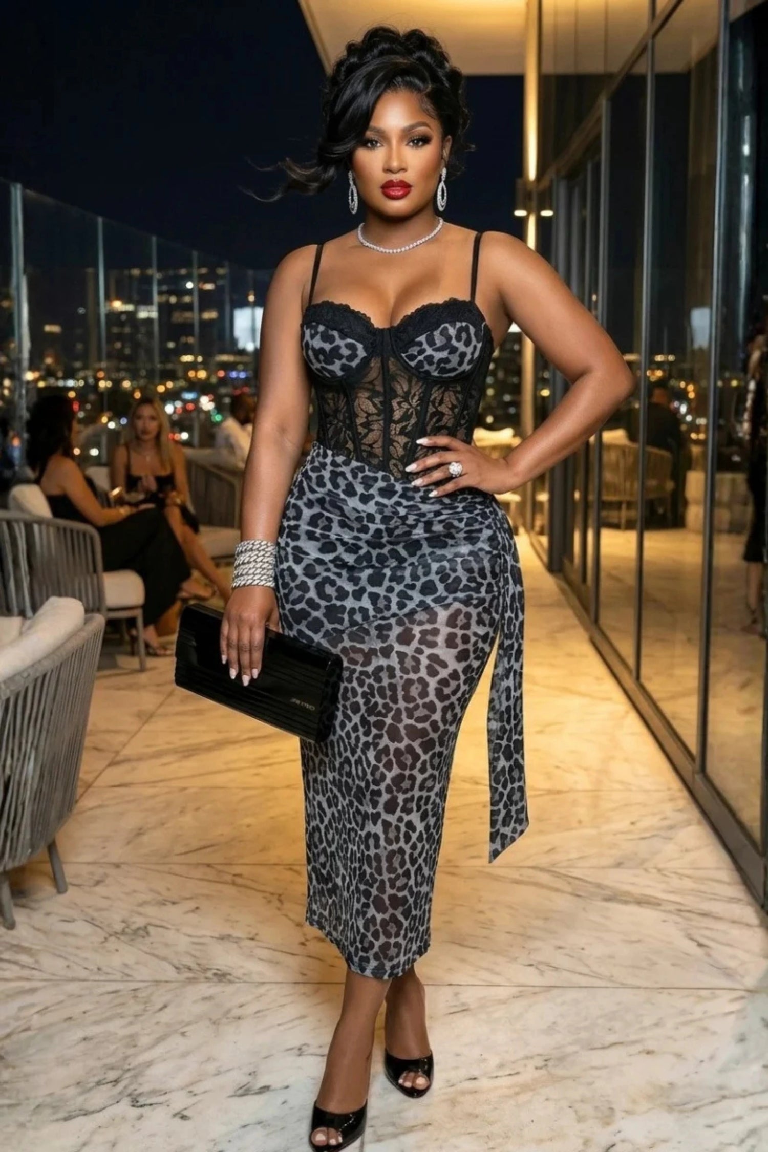 Sexy Leopard Print Lace Corset Midi Dress for Women
