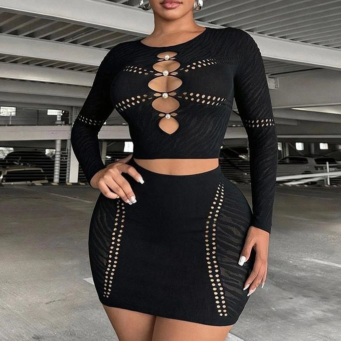 Black Long Sleeve Cutout Top &amp; Mesh Accent Mini Skirt