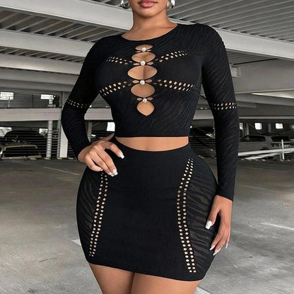 Black Long Sleeve Cutout Top &amp; Mesh Accent Mini Skirt