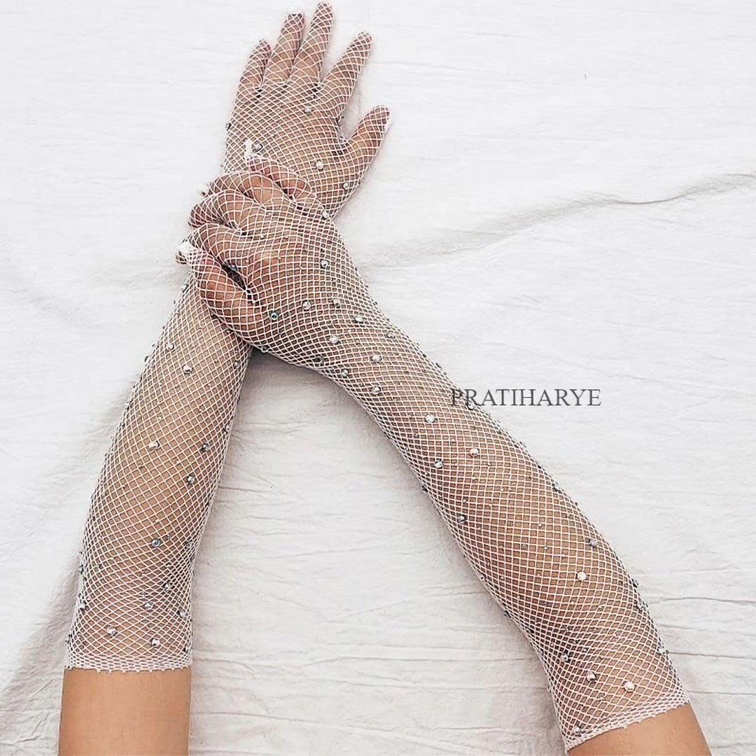 Rhinestone Fishnet Long Gloves