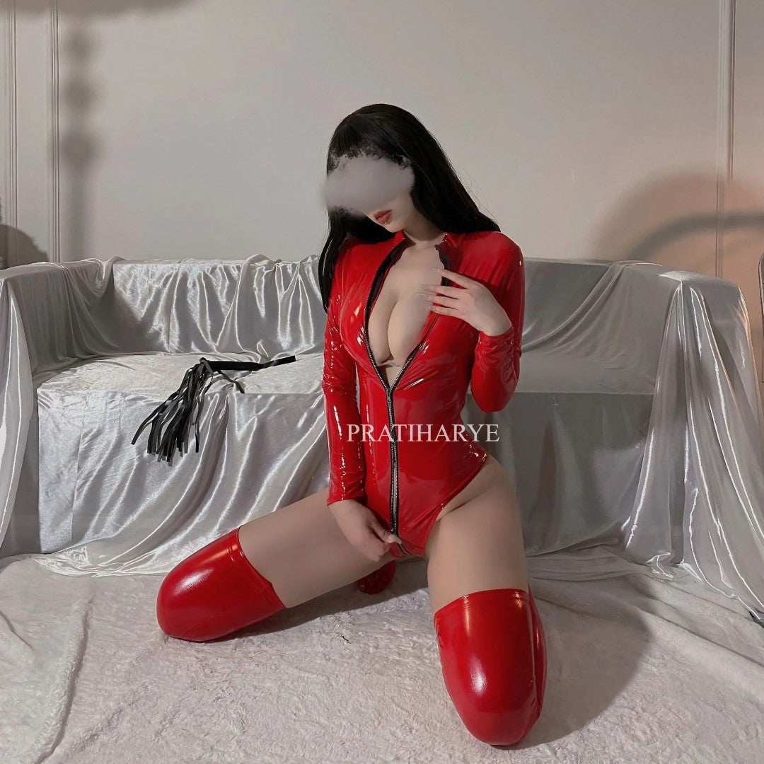 Latex Wet Look Bodysuit With Legs in red