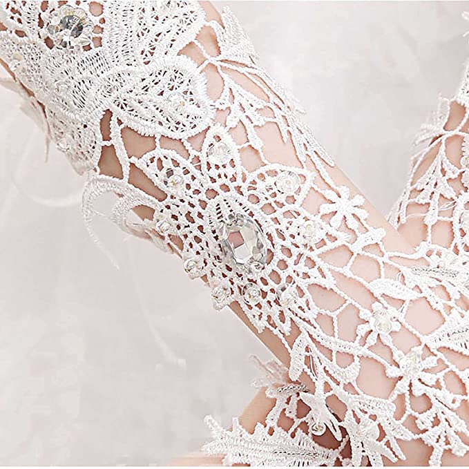 Long Bride Lace Gloves with Crystal Beading