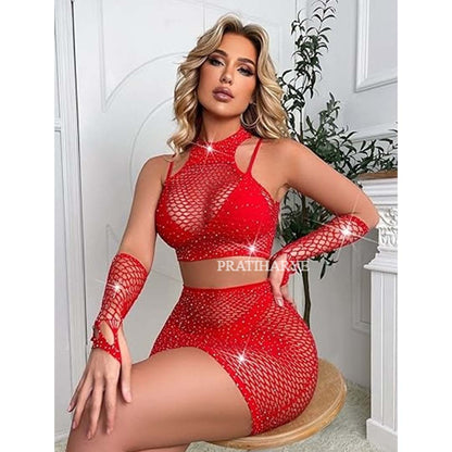 Hollow Out Rhinestone Fishnet Dress