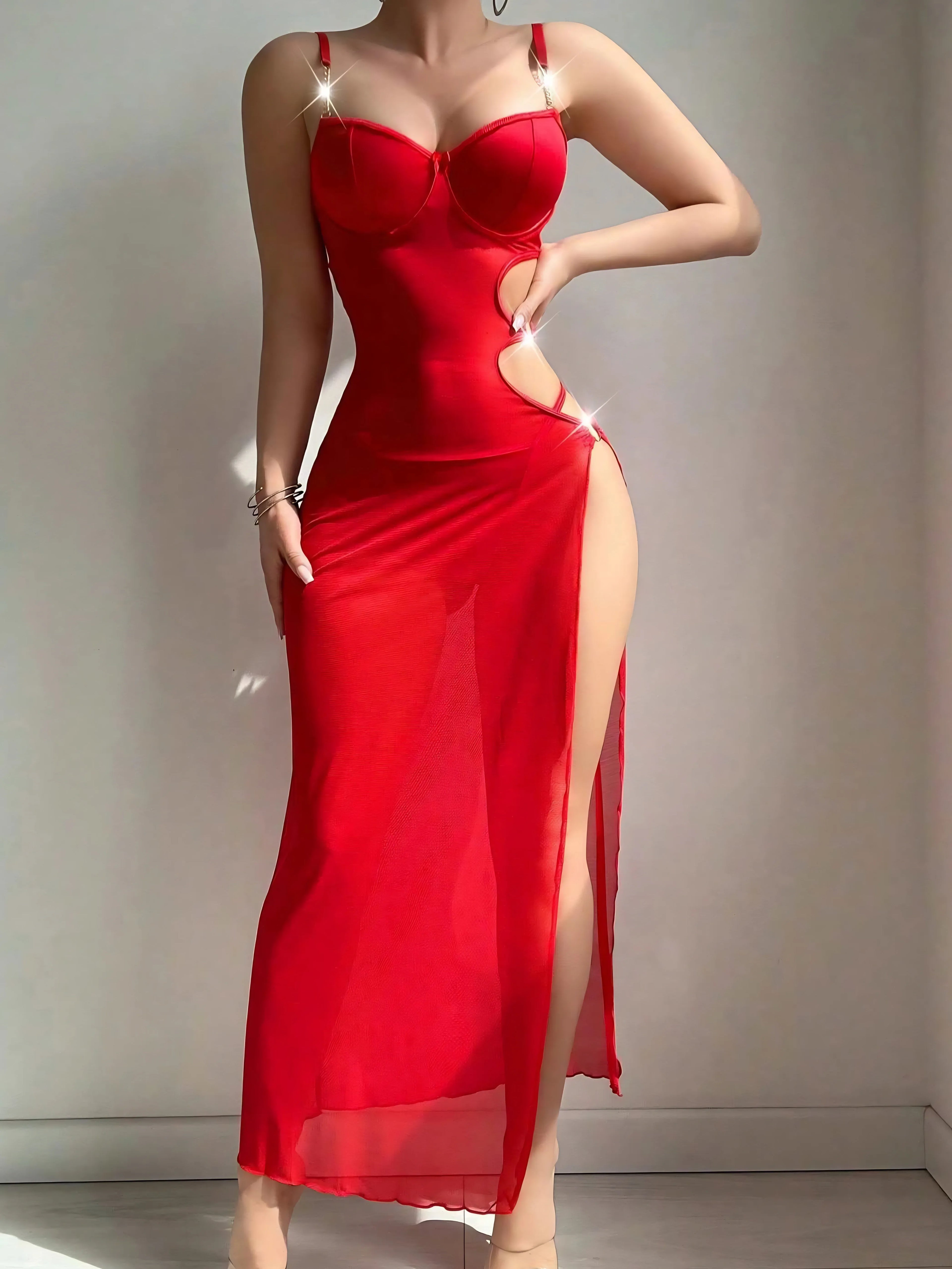 Red High Slit Sheer Net Cut-Out Maxi Sexy Lingerie Dress
