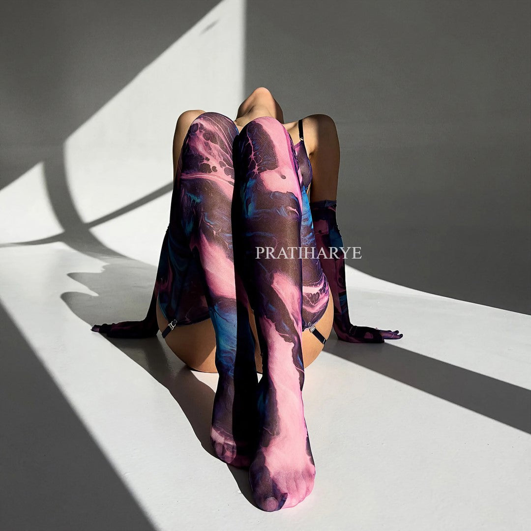 7pc's Tie-dye Garter set - Sexy Lingerie for Women - Underwired Garter Lingerie Set - Non Padded