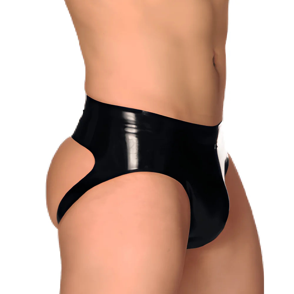Glossy black open-back cutout thong with side openings and curved shape
