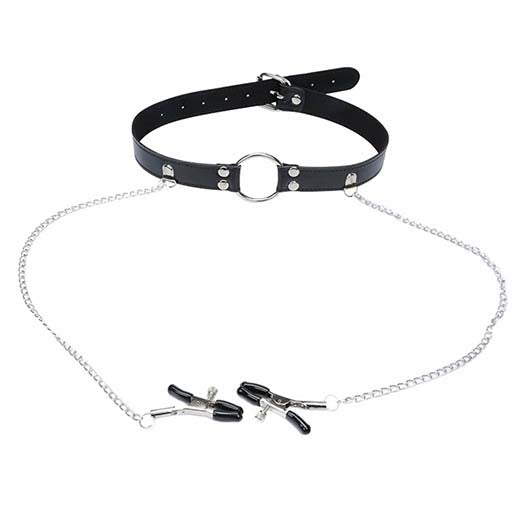Metal Ring Leather Gag with Nipple Clamps
