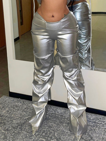 Silver Metallic Faux Leather Pants