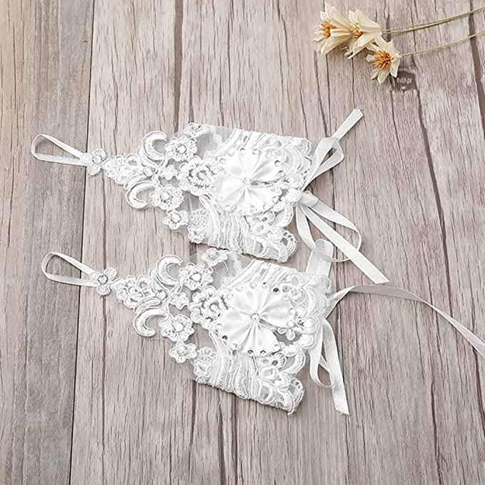 Short Bride Lace Gloves with Crystal Beading