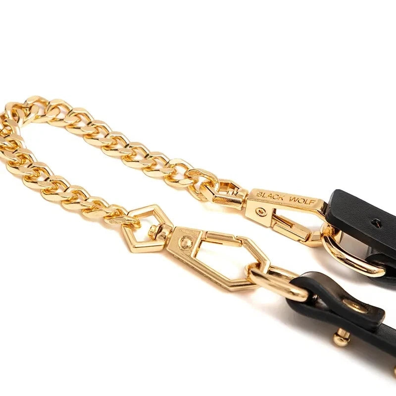 Leather Wrist Cuffs with Gold Chain