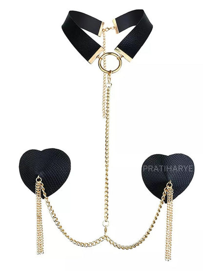 Neck choker with attached Chain Heart Nipple Cover