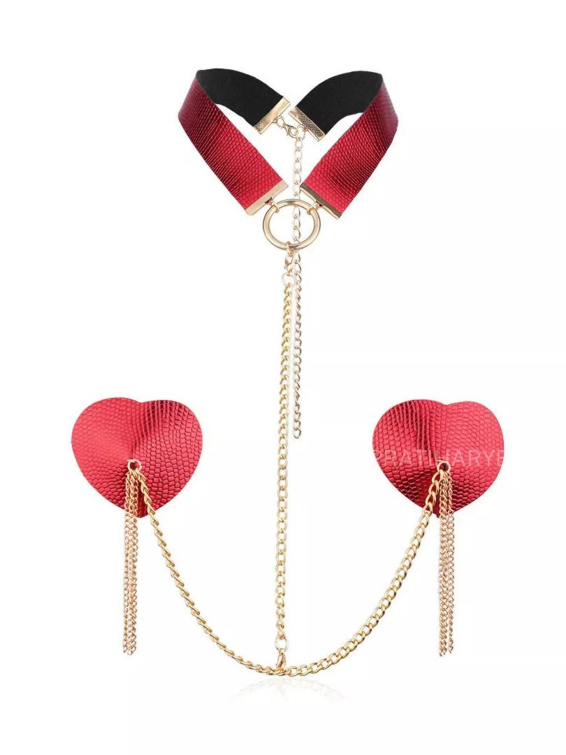 Neck choker with attached Chain Heart Nipple Cover