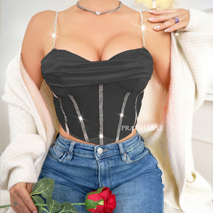 Pratiharye Corset Ruched Bustier Asymmetrical Hem Rhinestone Cami Top - Corset Tops for Women - Sleeveless Crop Cami Tops - Solid Halter Tank Top - Fishbone Wrapped Chest - Non-wired - Stone top