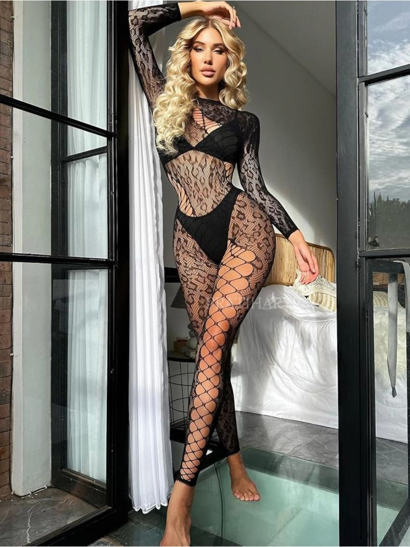 Leopard Hollow Out Fishnet Bodystocking