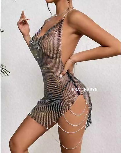 Sexy Mesh Rhinestone Mini Dress with Backless Chain Detail