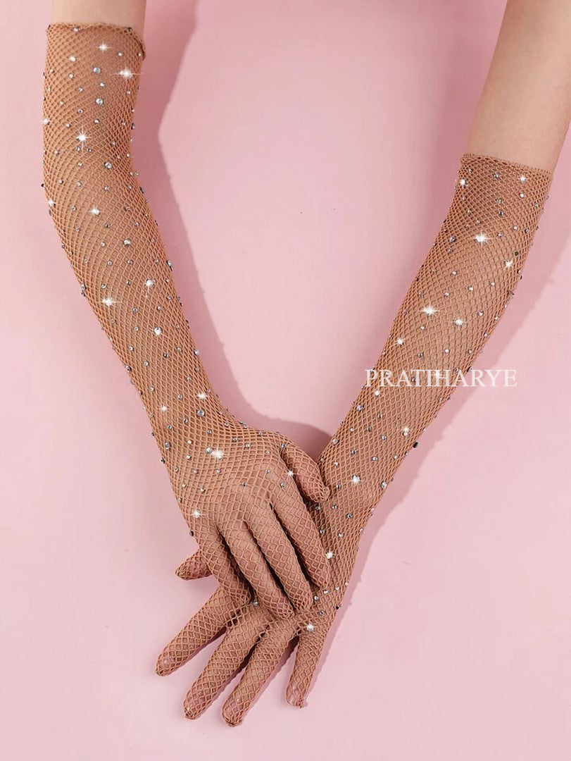 Rhinestone Fishnet Long Gloves