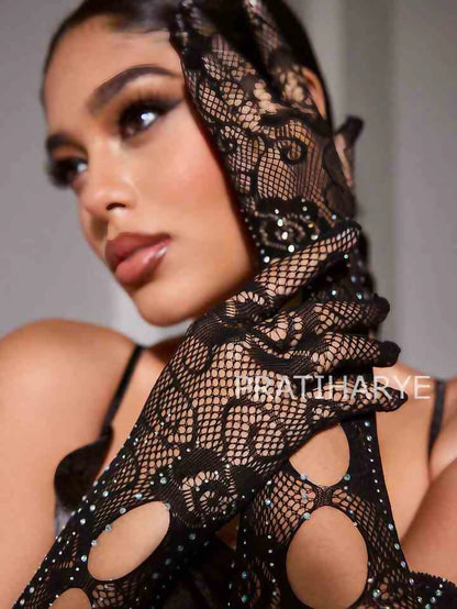 Rhinestone Fishnet Gloves