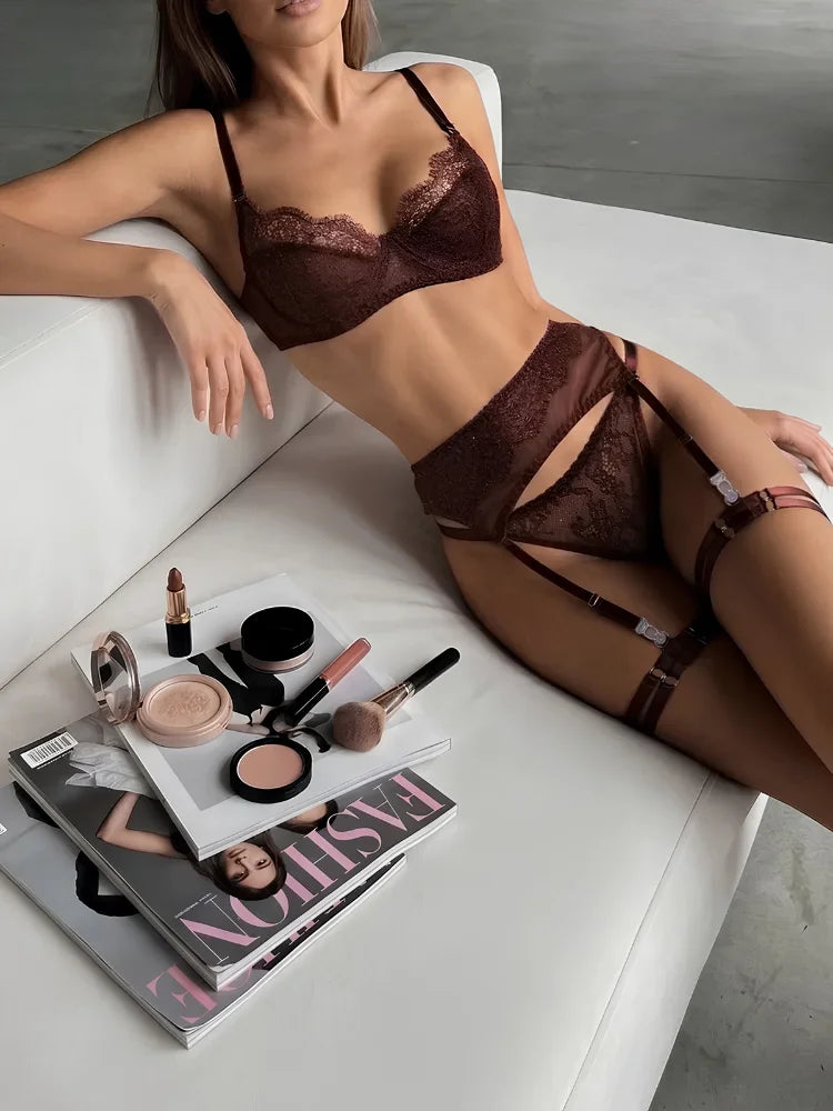 Trendy Brown Sexy Lingerie Lace Garter set