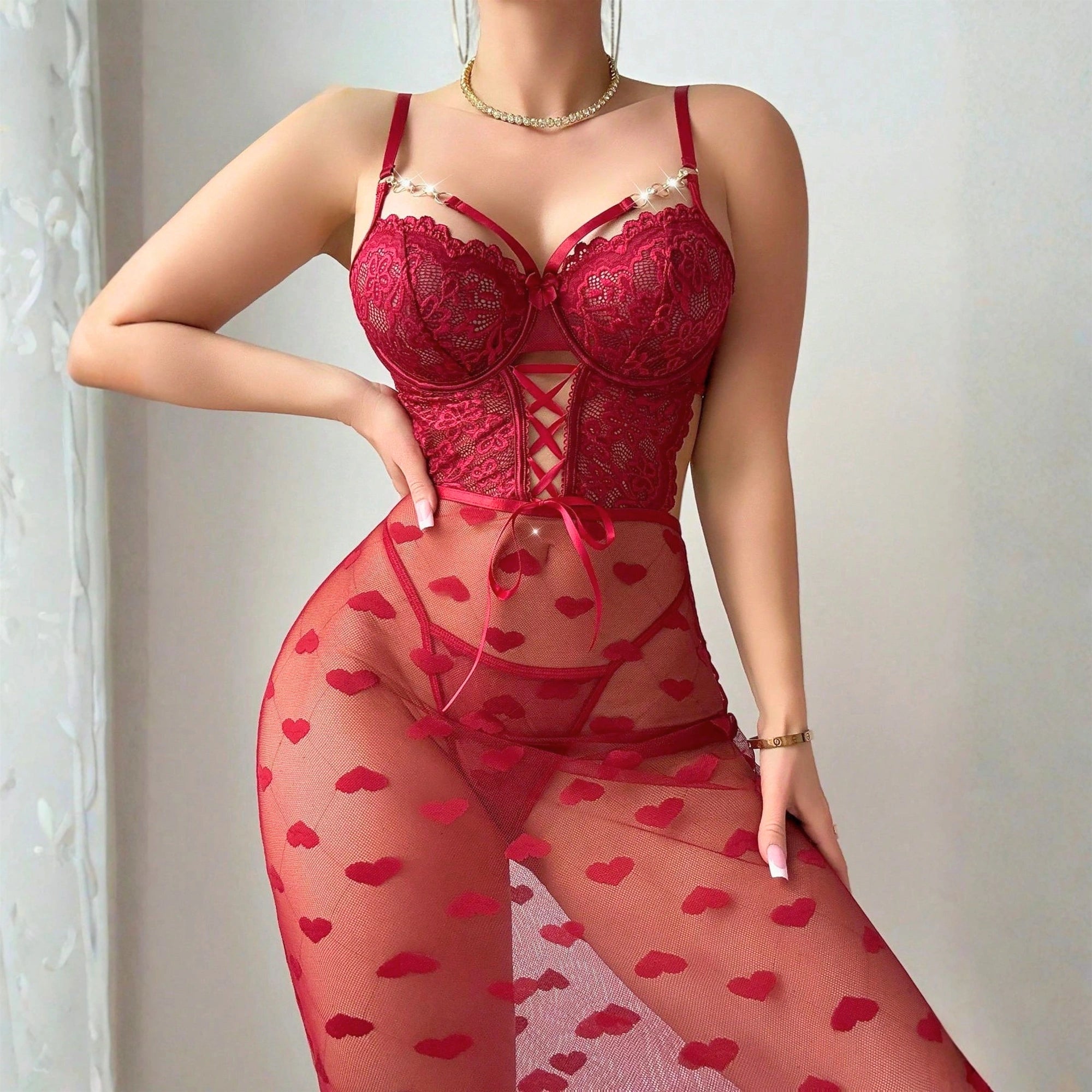 Heart Print Sexy lingerie Lace Babydoll Longgown