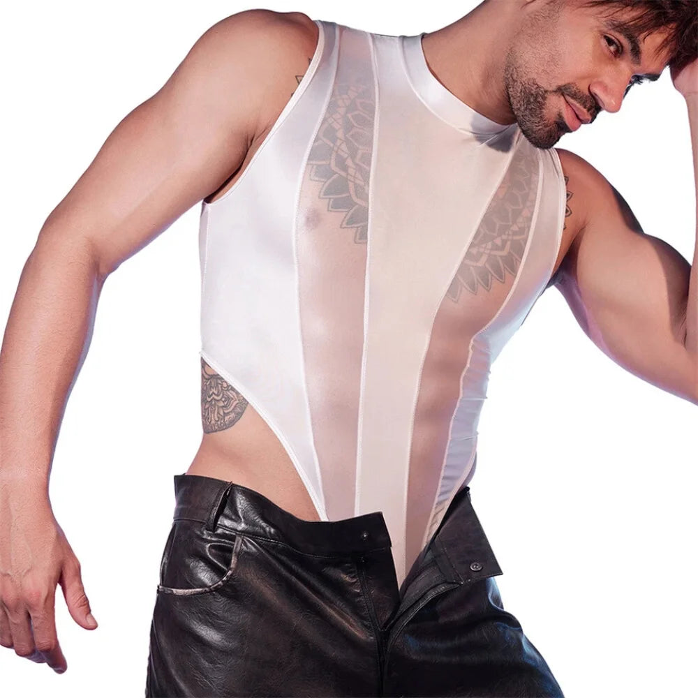 Glossy white sleeveless bodysuit with sheer side panels and high-cut waistline