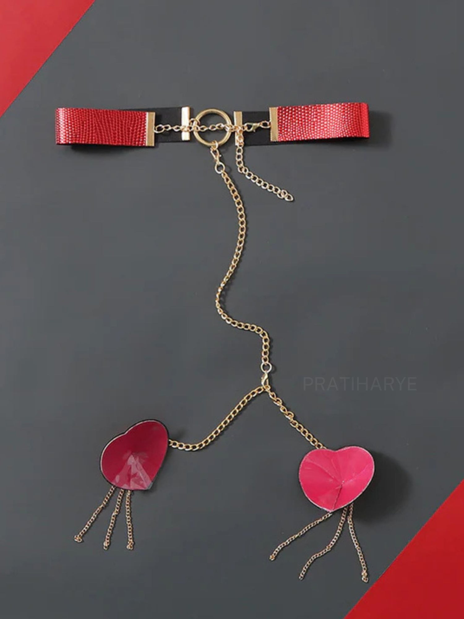 Neck choker with attached Chain Heart Nipple Cover