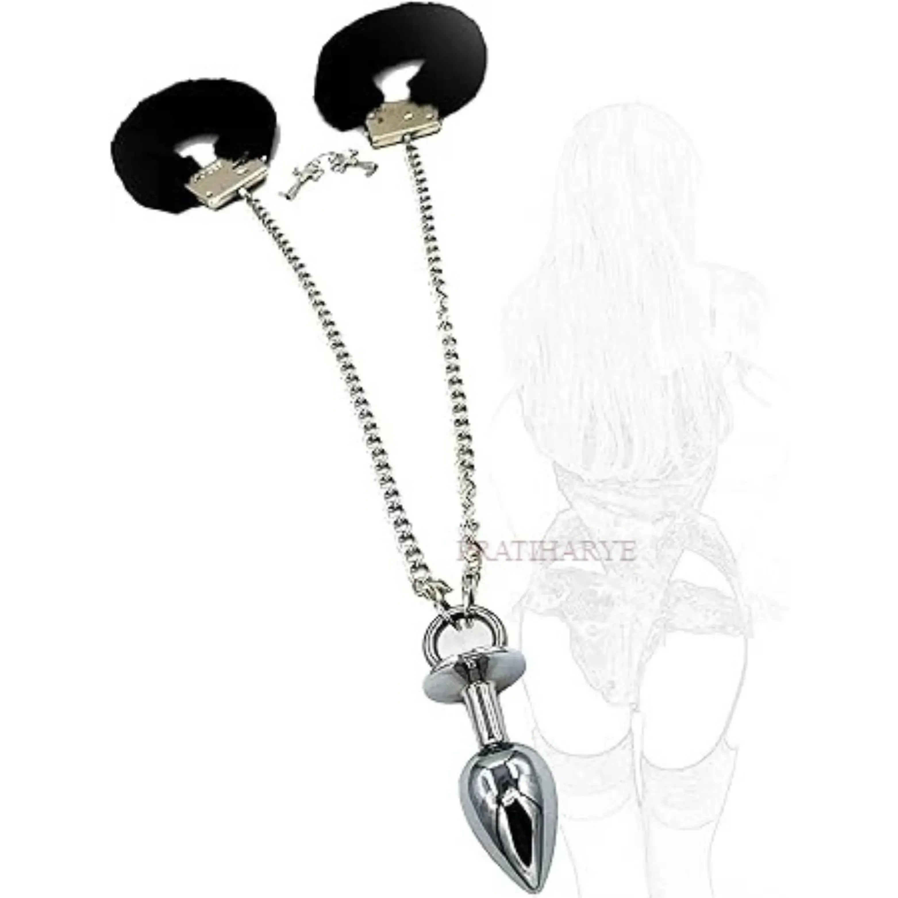 Soft Furry Steel Handcuff with Butt Plug Chain
