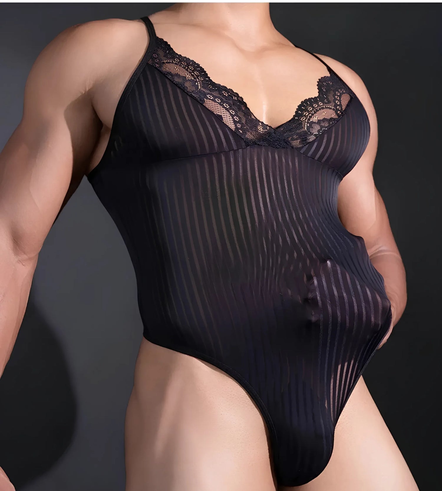 Men’s Sheer Striped LingerieLace Bodysuit Teddy
