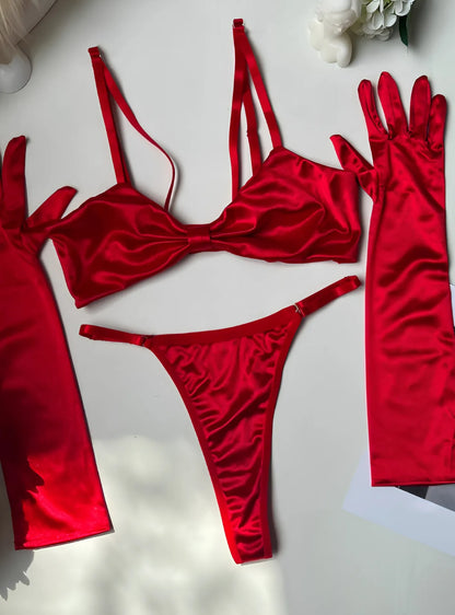 Red Satin Strappy Sexy Lingerie Bikini Set with Gloves