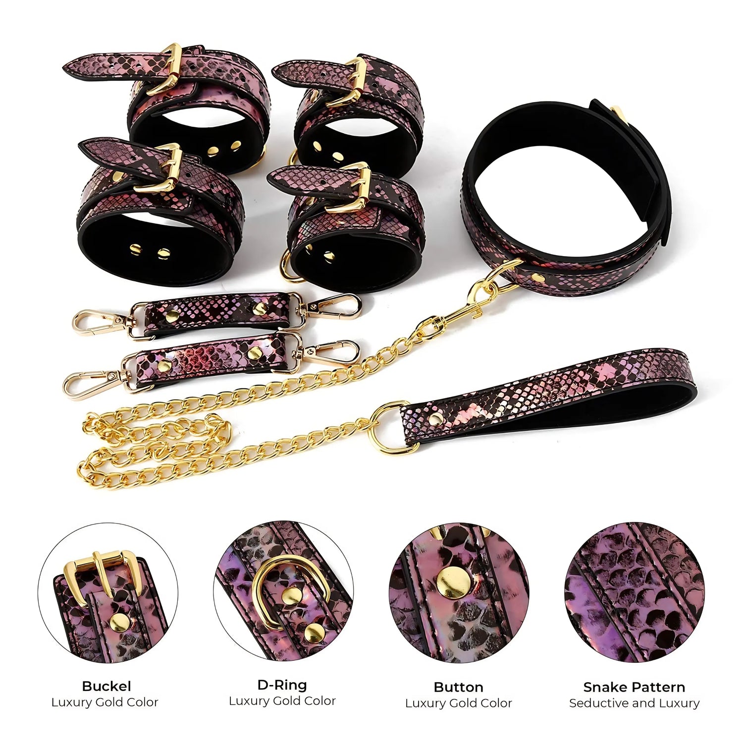 Snake Print BDSM Collar &amp; Cuffs Set with Gold Chain