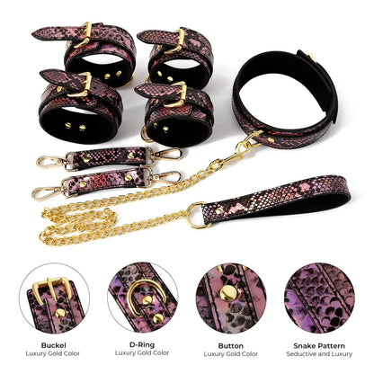 Snake Print BDSM Collar &amp; Cuffs Set with Gold Chain