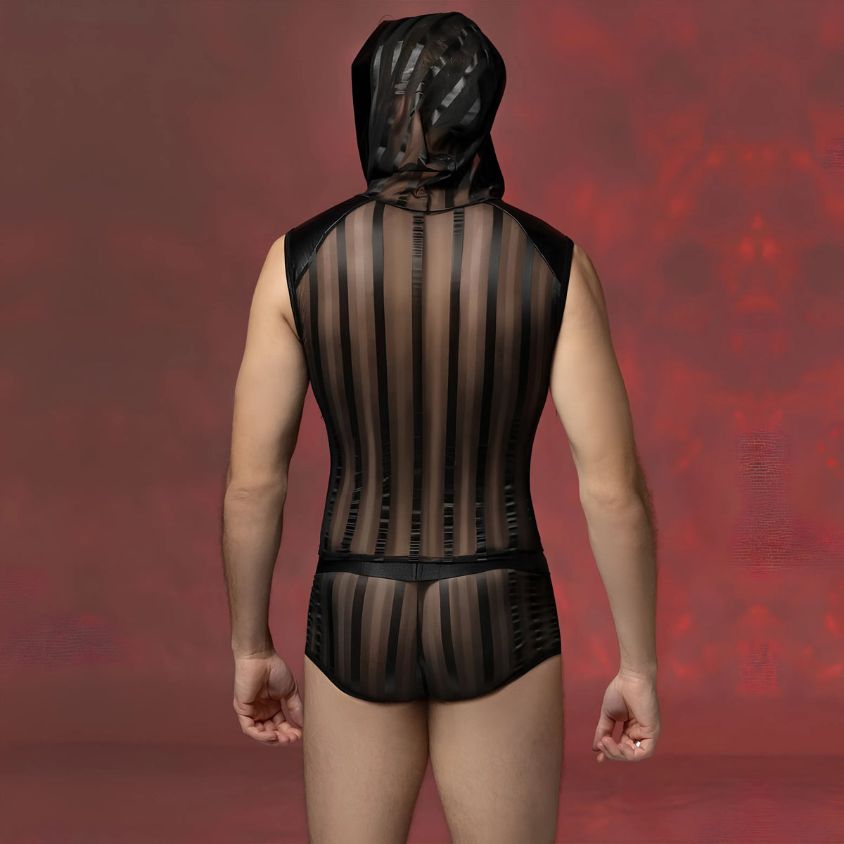 Men’s Sexy Lingerie Chain-Striped Hood Top &amp; Shorts Set