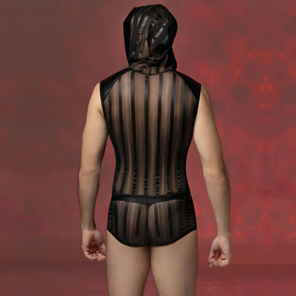 Men’s Sexy Lingerie Chain-Striped Hood Top &amp; Shorts Set