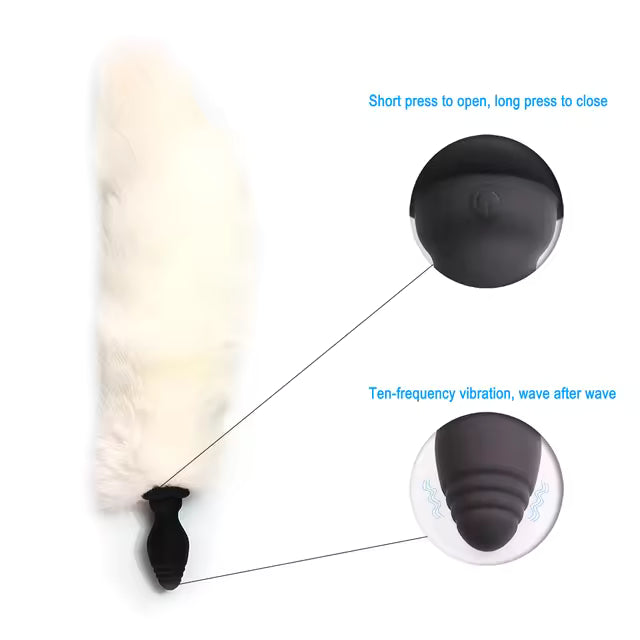 Thick Vibrating Silicone Butt Plug White Fox Tail