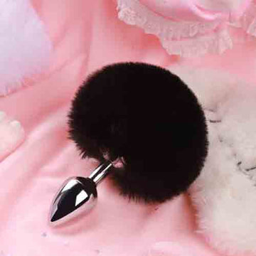Black plush bunny tail anal butt plug with chrome metal tip and stem