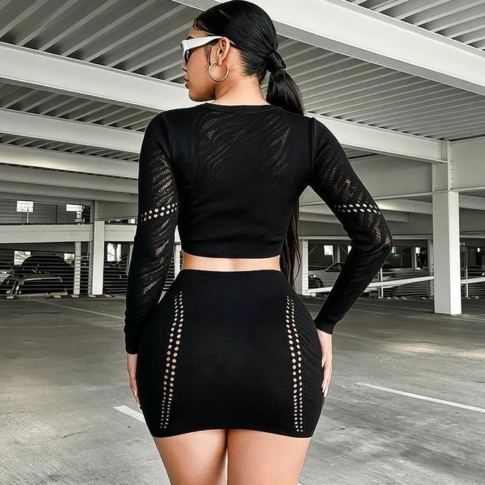 Black Long Sleeve Cutout Top &amp; Mesh Accent Mini Skirt