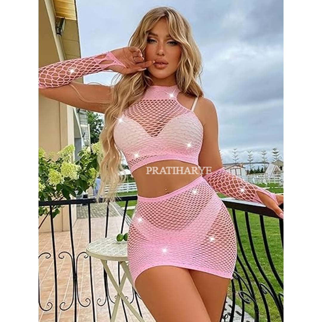 Hollow Out Rhinestone Fishnet Dress