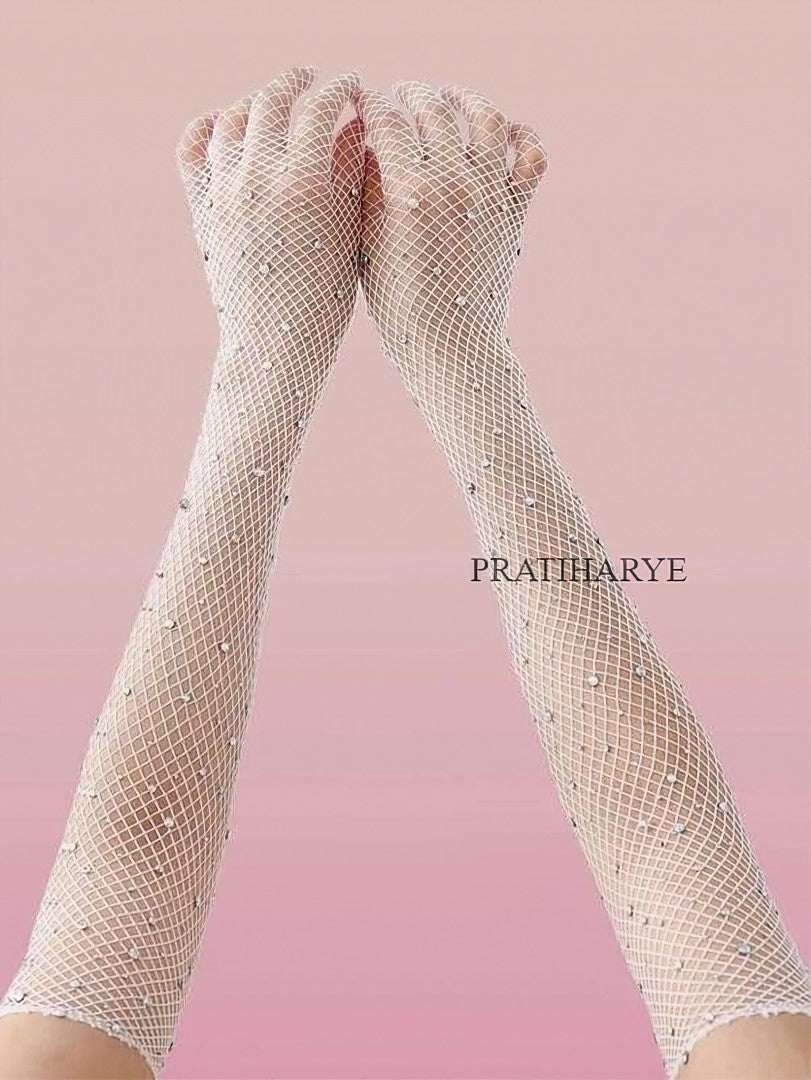 Rhinestone Fishnet Long Gloves