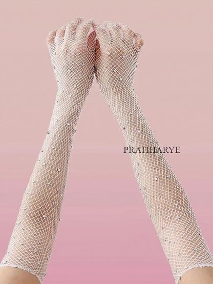 Rhinestone Fishnet Long Gloves