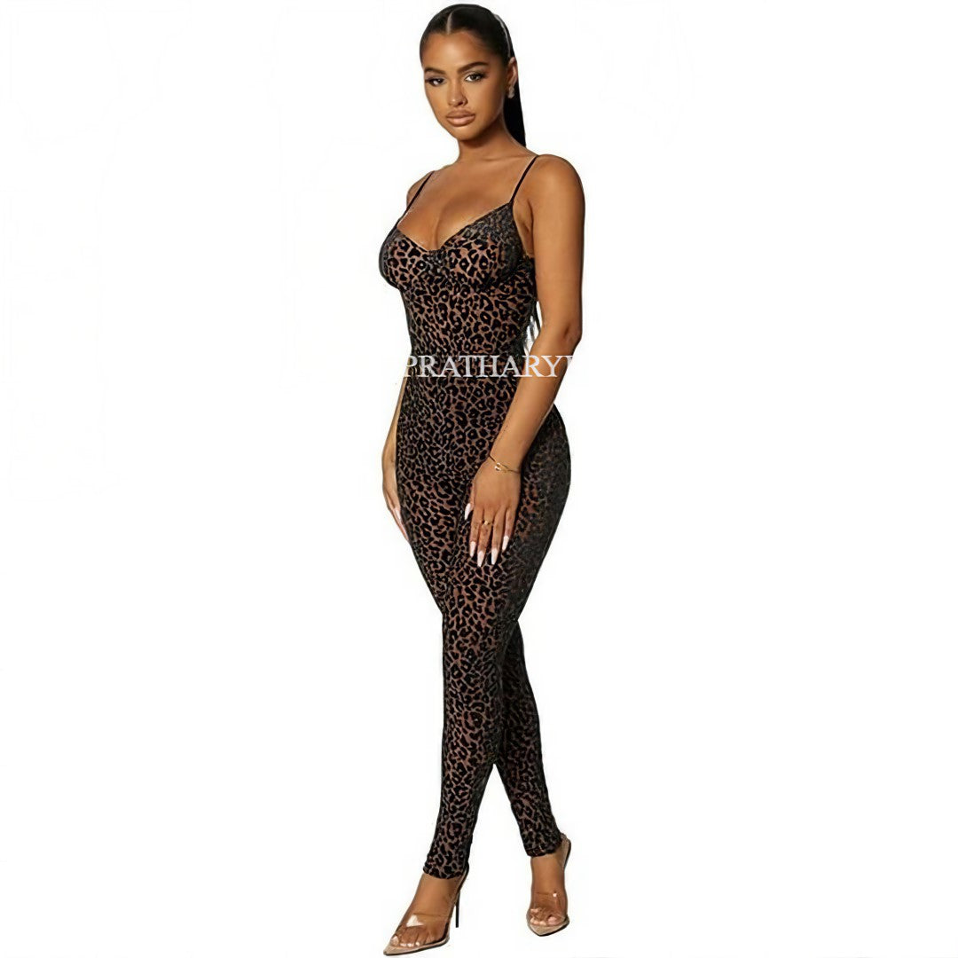 Leopard Print Spaghetti Strap Jumpsuit Model