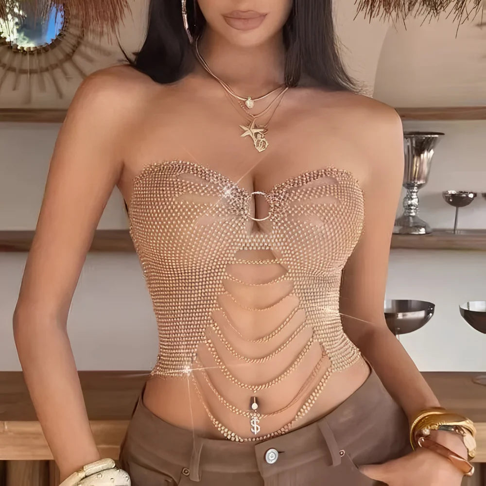 Champagne gold rhinestone strapless corset top with sweetheart neckline and layered chains