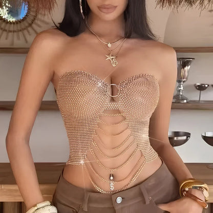 Champagne gold rhinestone strapless corset top with sweetheart neckline and layered chains