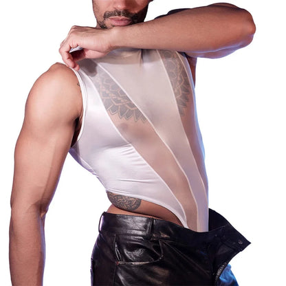 Glossy white sleeveless bodysuit with sheer vertical side panels and high-cut leg openings