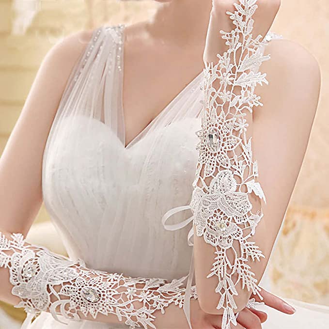 Long Bride Lace Gloves with Crystal Beading